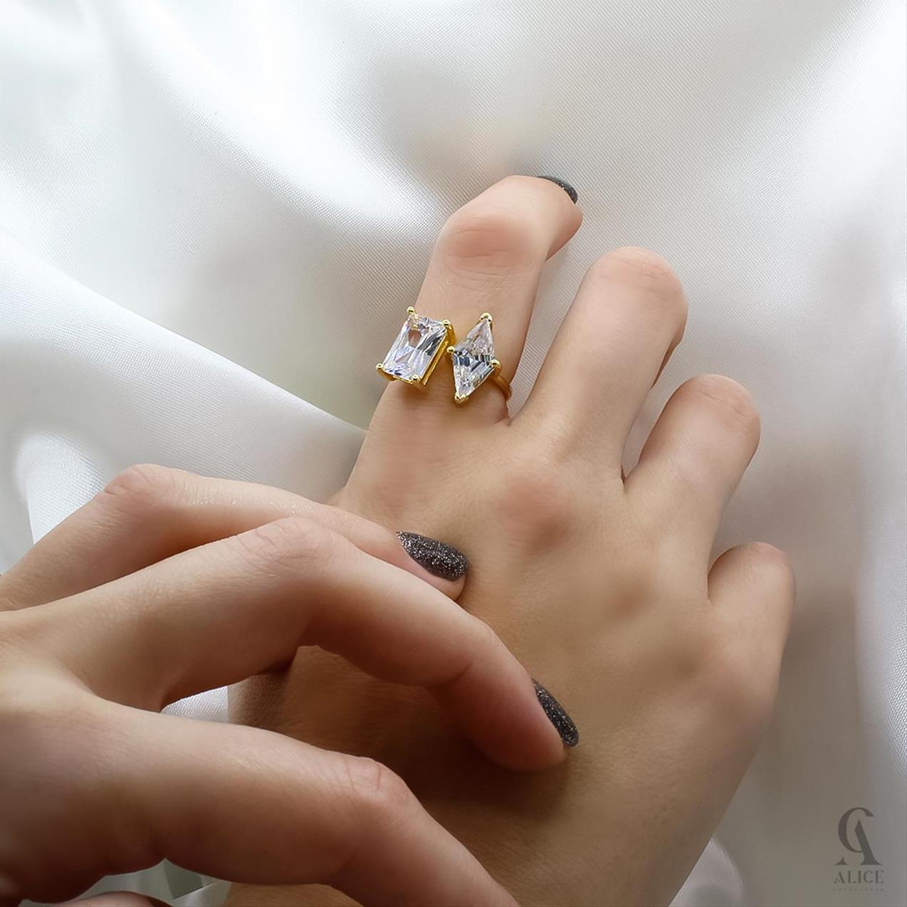 18K Gold Plated Cubic Zirconia Two Stone Ring Alice collection